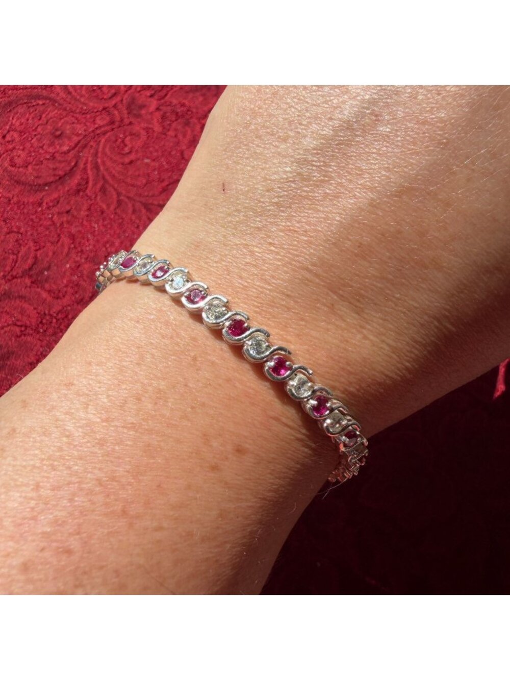 Vintage 925 Sterling Silver Pink CZ White Topaz Tennis Bracelet S Link